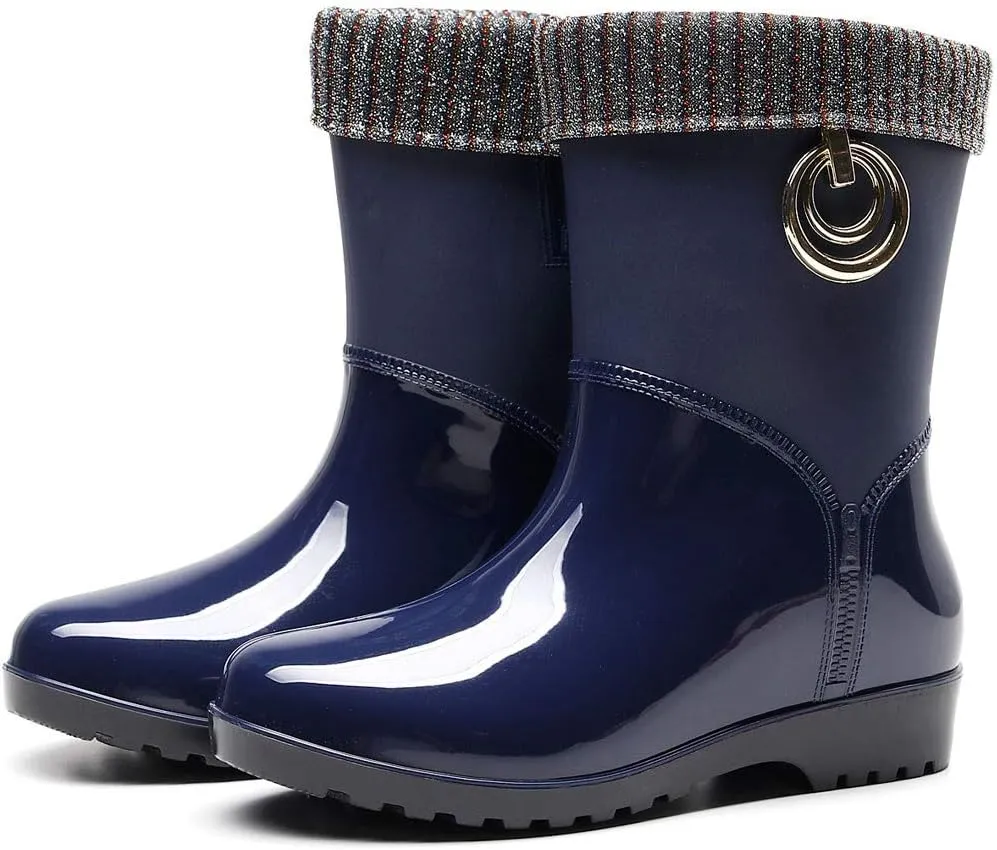 Punk Style Mid Warm Snow Boots Women's Rain Boots Outdoor Water Shoes Short Fuzzy Rain Boots