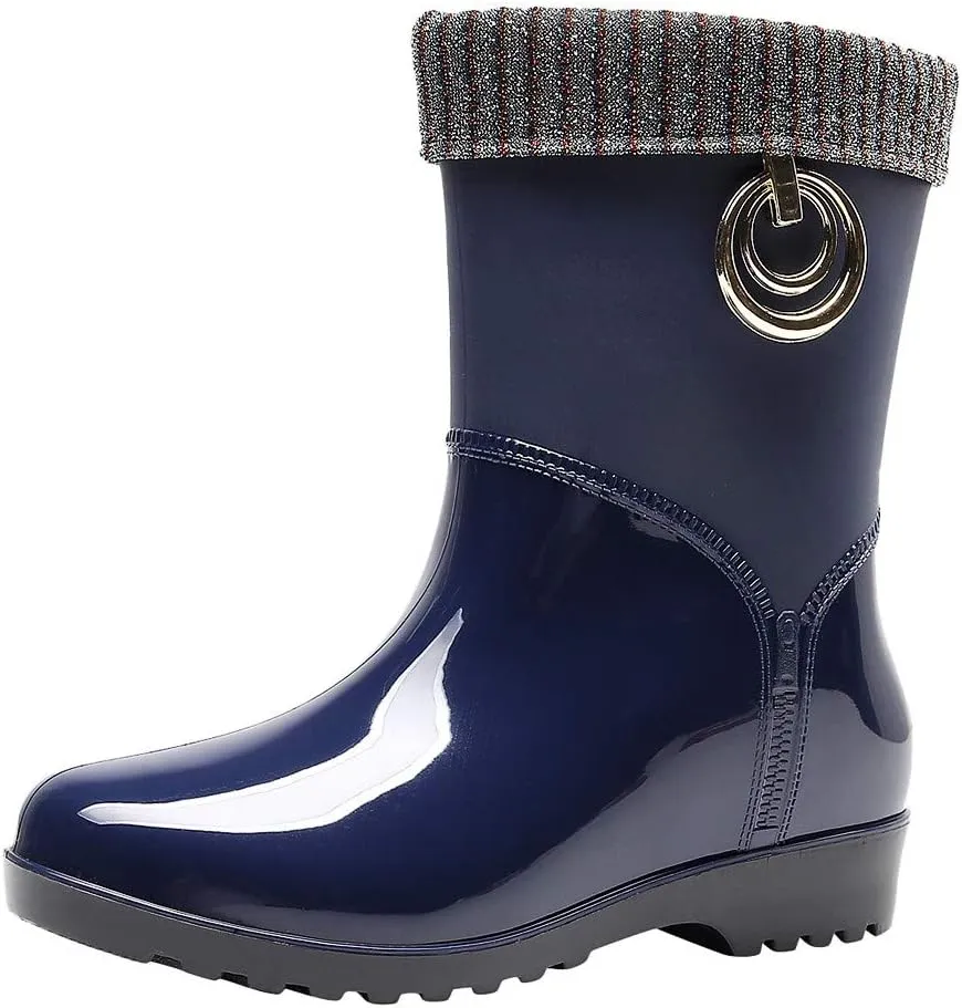 Punk Style Mid Warm Snow Boots Women's Rain Boots Outdoor Water Shoes Short Fuzzy Rain Boots