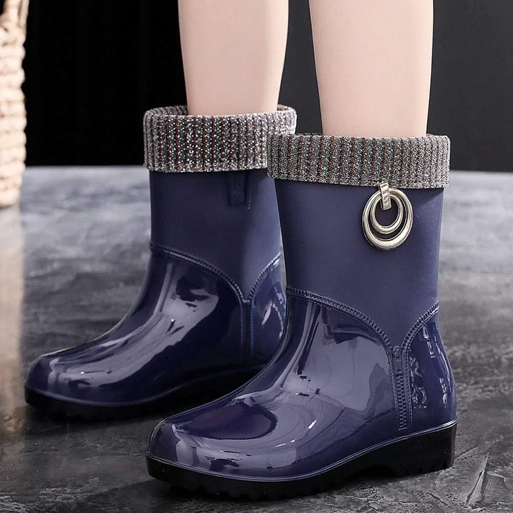 Punk Style Mid Warm Snow Boots Women's Rain Boots Outdoor Water Shoes Short Fuzzy Rain Boots