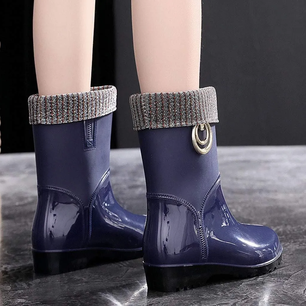 Punk Style Mid Warm Snow Boots Women's Rain Boots Outdoor Water Shoes Short Fuzzy Rain Boots