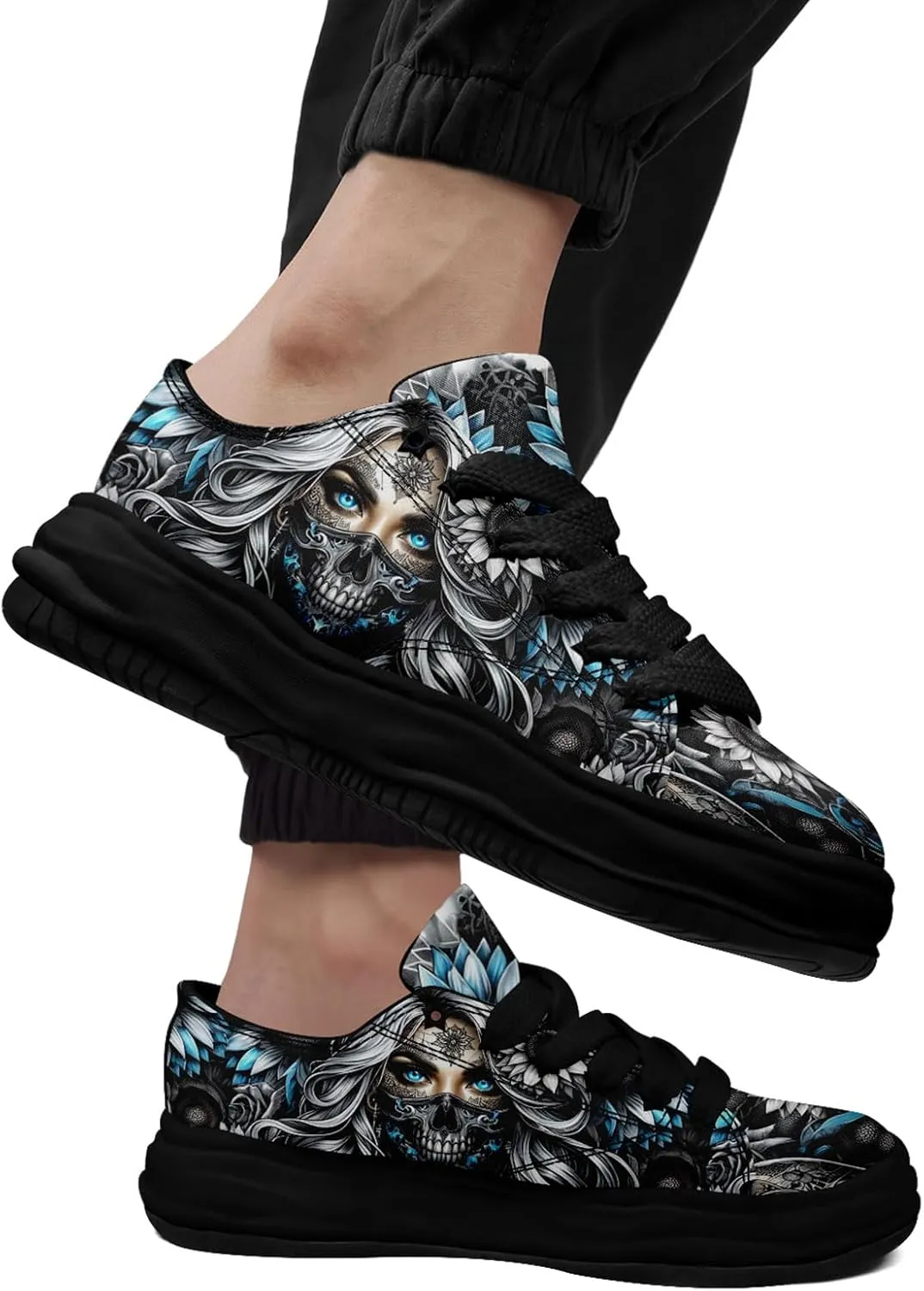 Unisex Skull Canvas Shoes Fashion Sneakers Low Top Flat Casual Tennis Walking Shoes for Men Women