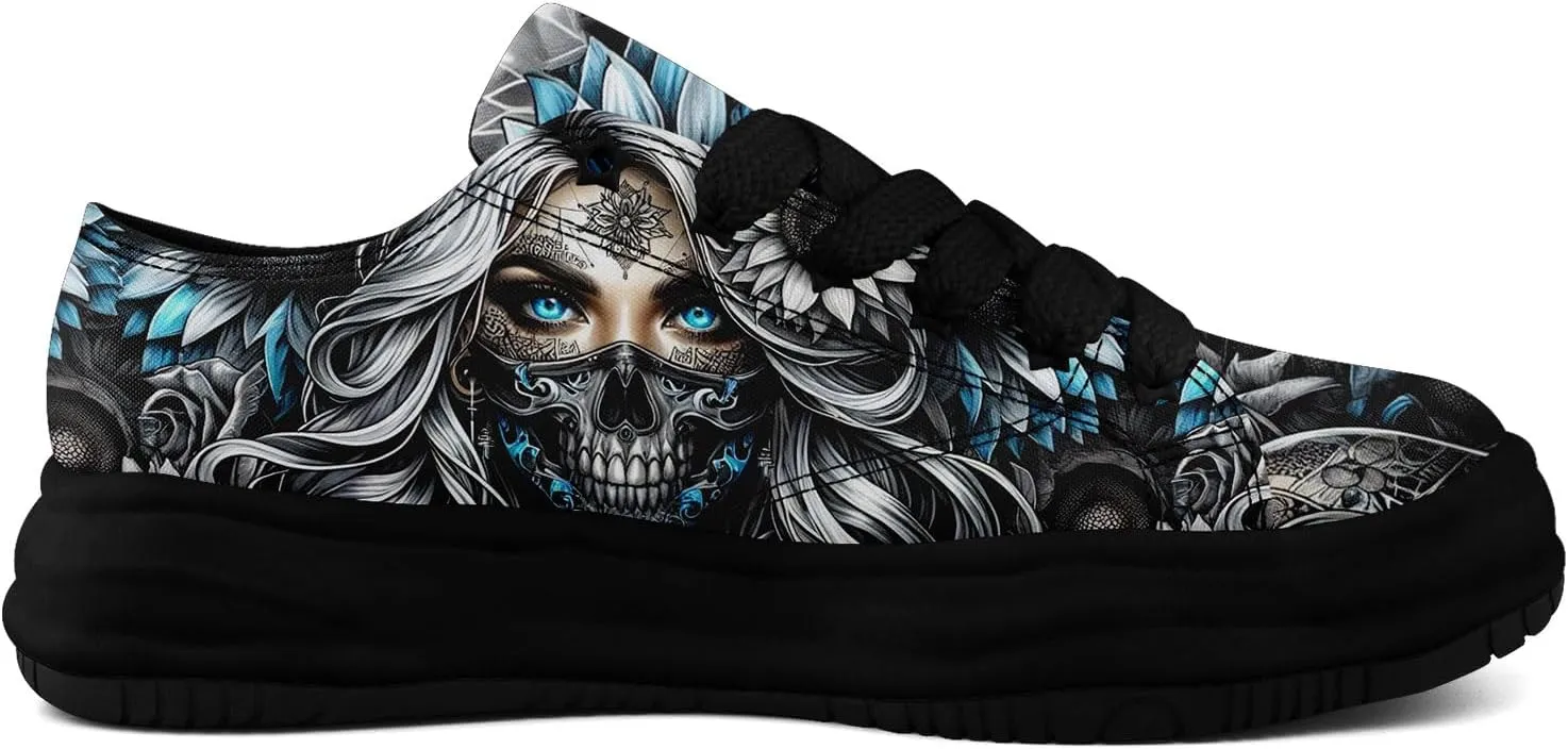 Unisex Skull Canvas Shoes Fashion Sneakers Low Top Flat Casual Tennis Walking Shoes for Men Women