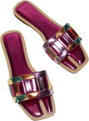 Verdusa Women's Open Toe Color Block Sandals Slip on Metallic Outdoor Slides