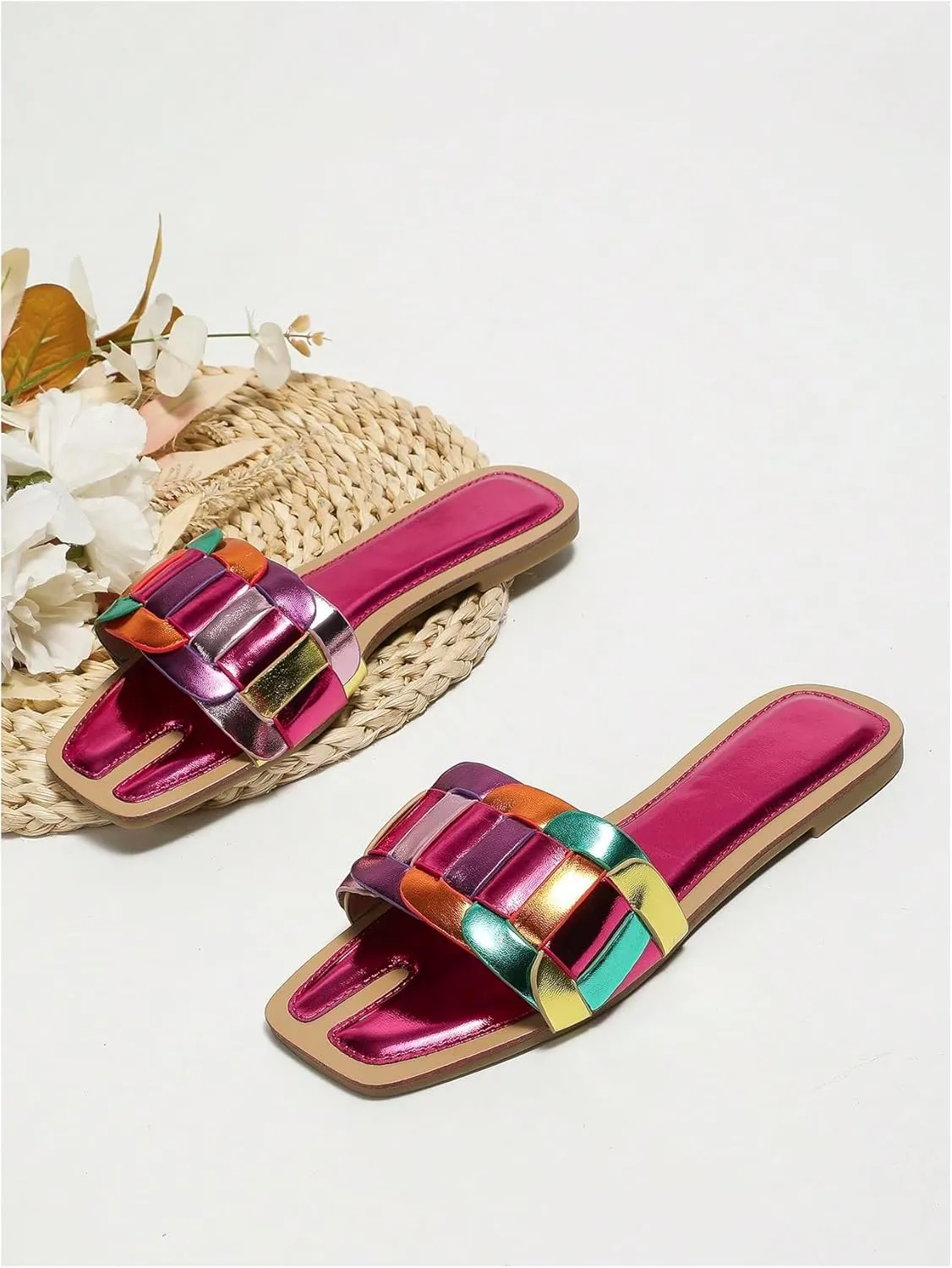 Verdusa Women's Open Toe Color Block Sandals Slip on Metallic Outdoor Slides