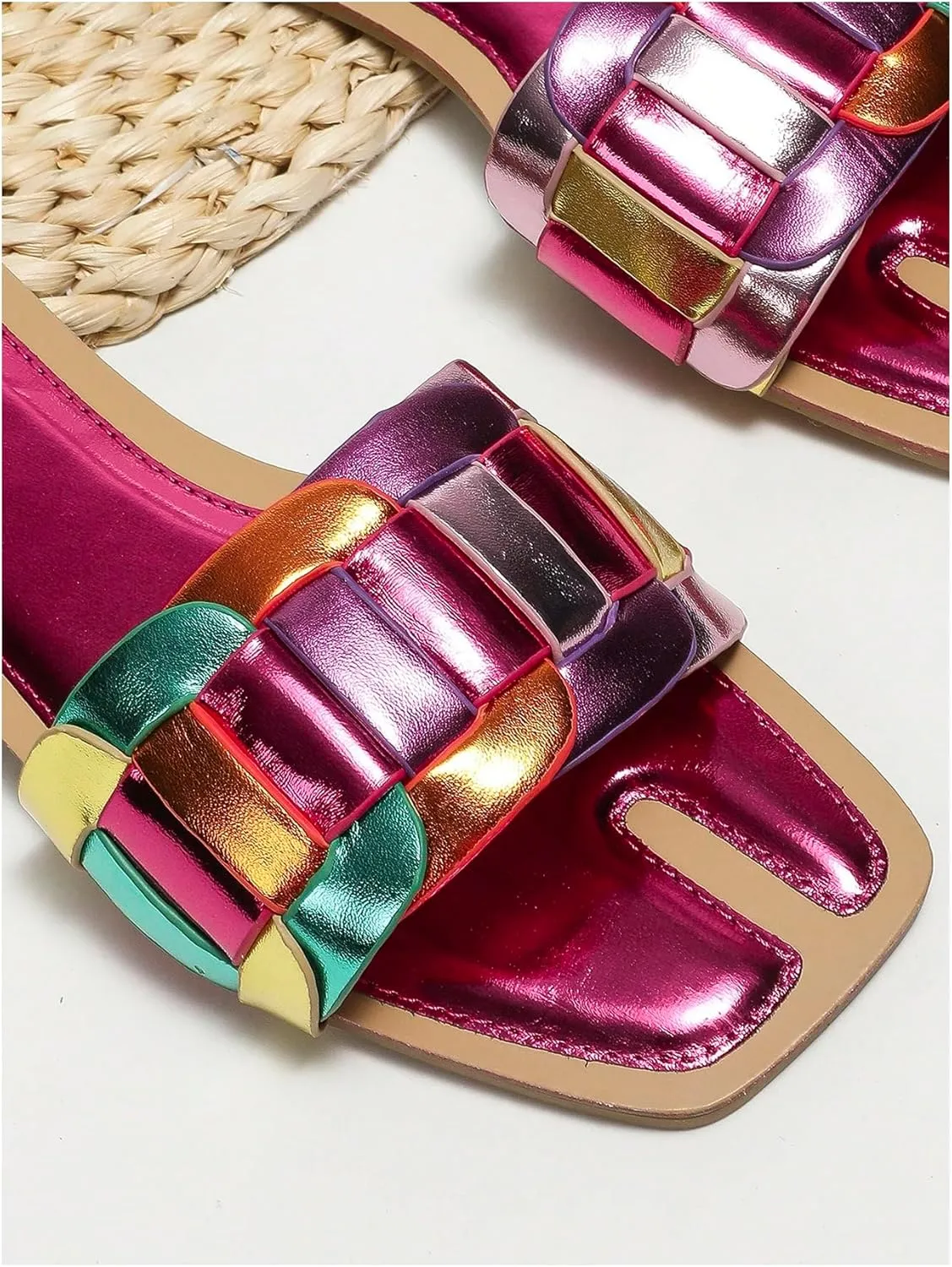 Verdusa Women's Open Toe Color Block Sandals Slip on Metallic Outdoor Slides