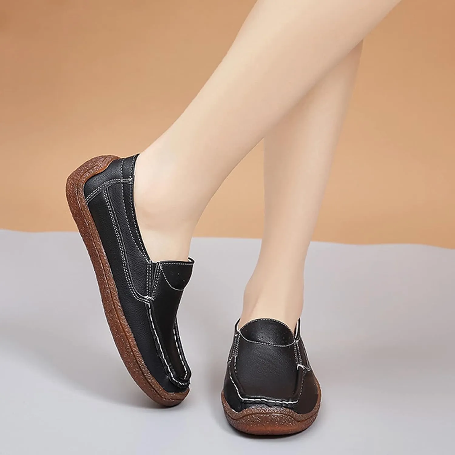Women's Ballet Flats Flat Solid Leather Shoes Casual Breathable Single Shoes Soft Walking Driving Shoes