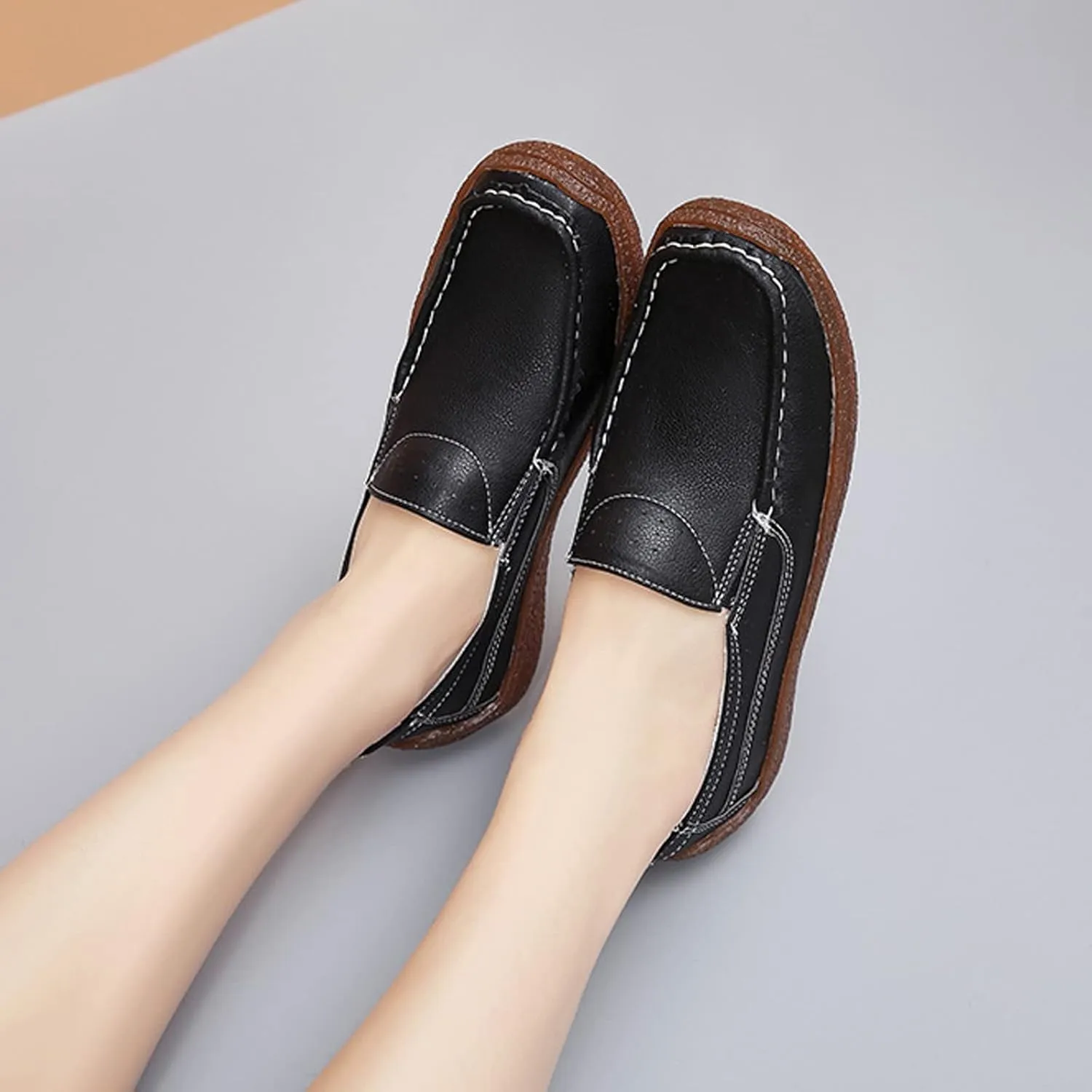 Women's Ballet Flats Flat Solid Leather Shoes Casual Breathable Single Shoes Soft Walking Driving Shoes