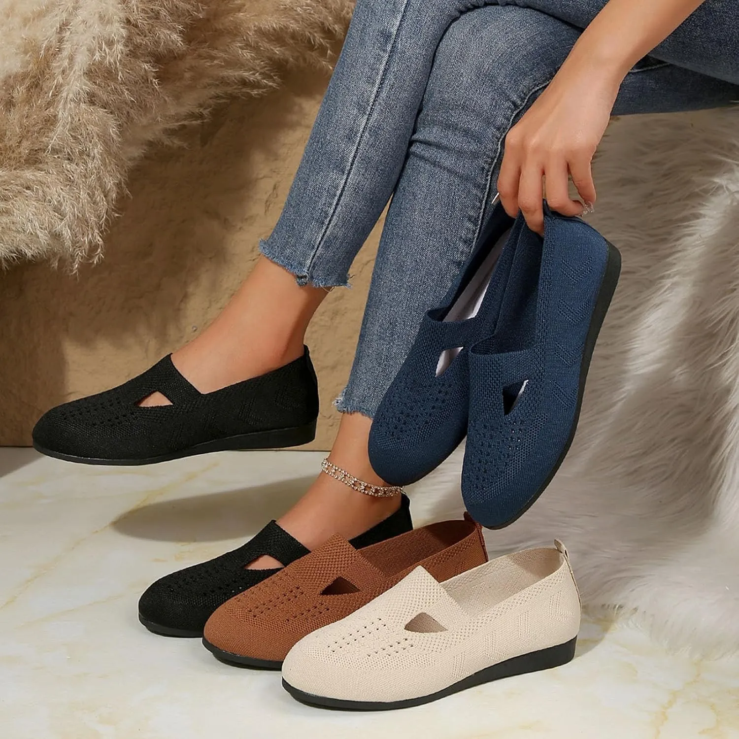 Womens Breathable Knit Walking Shoes with Arch Support Orthopedic Sneakers, Casual Flat Shoes for Daily, Work, Travel