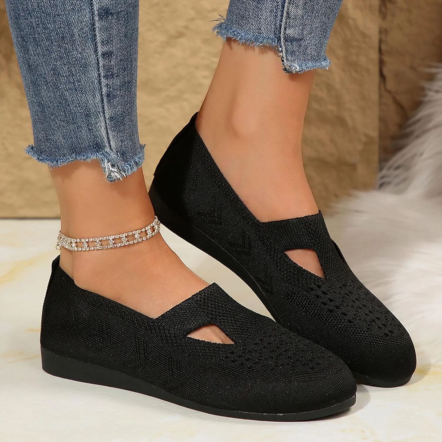 Womens Breathable Knit Walking Shoes with Arch Support Orthopedic Sneakers, Casual Flat Shoes for Daily, Work, Travel