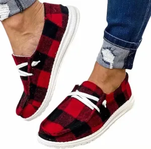 Womens Buffalo Plaid Slip On Shoes Lace Up Canvas Sneakers Flats Casual Walking Shoes for Women Christmas Ladies Driving Loafers Red