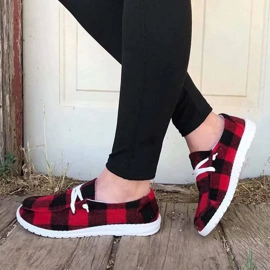Womens Buffalo Plaid Slip On Shoes Lace Up Canvas Sneakers Flats Casual Walking Shoes for Women Christmas Ladies Driving Loafers Red