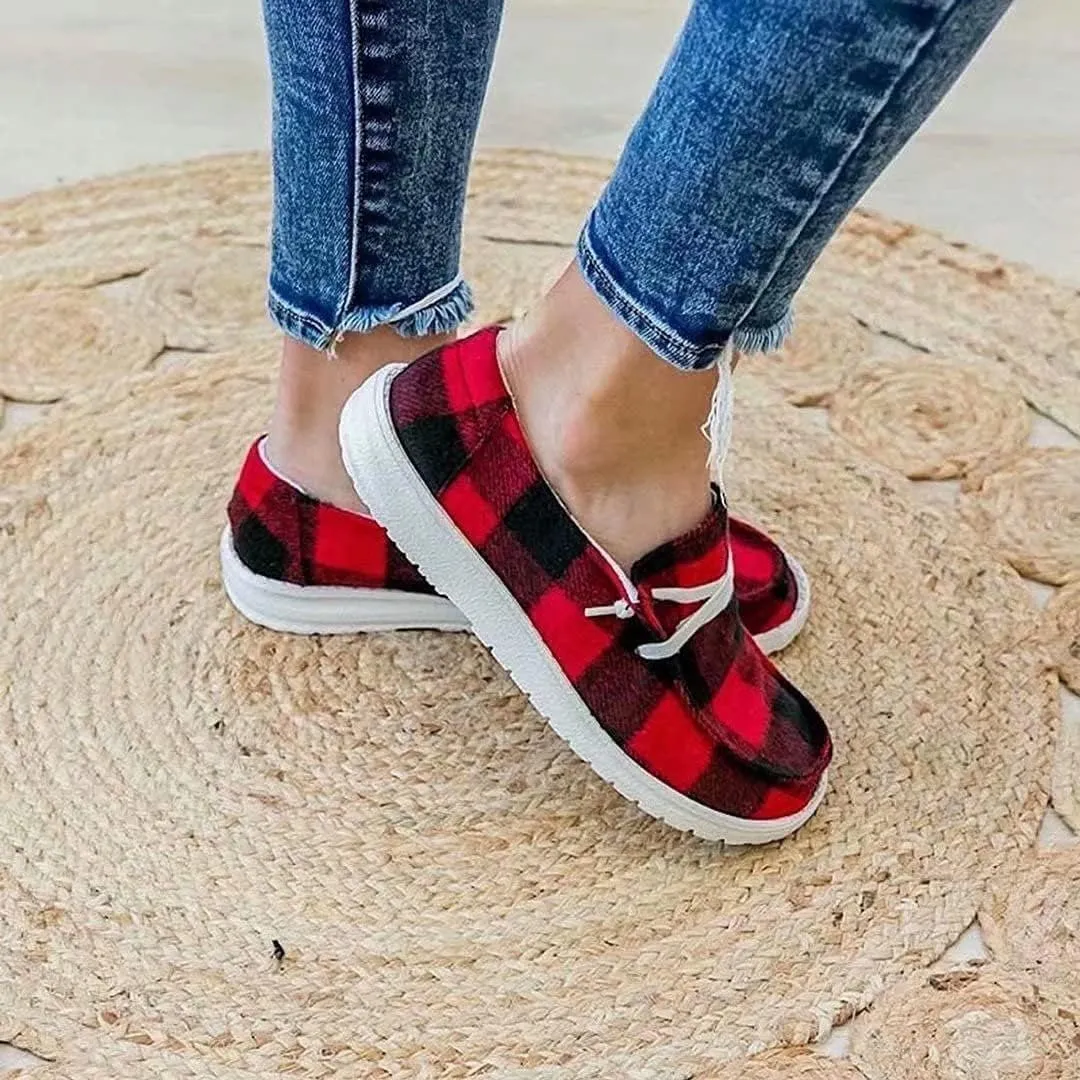 Womens Buffalo Plaid Slip On Shoes Lace Up Canvas Sneakers Flats Casual Walking Shoes for Women Christmas Ladies Driving Loafers Red