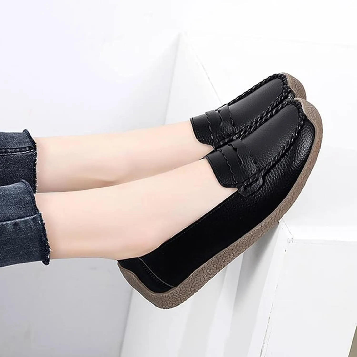 Women's Business Leather Shoes Breathable Soft Soled Walking Driving Shoes Comfortable Ballet Flats for Women