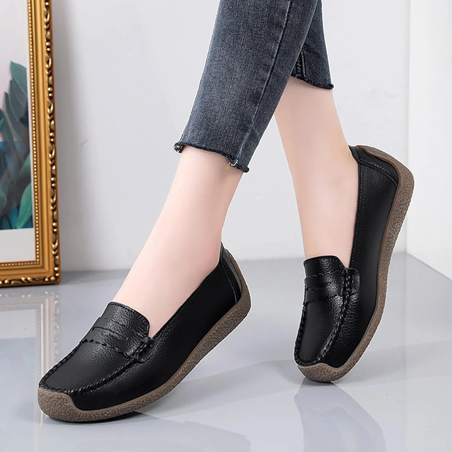 Women's Business Leather Shoes Breathable Soft Soled Walking Driving Shoes Comfortable Ballet Flats for Women