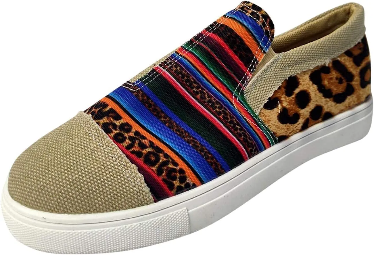 Womens Canvas Shoes Fashion Lightweight Snakeskin Stitching Flat Sneakers Summer Casual Slip Ons Low Cut Walking Shoes Breathable Color Block Platform Flats Loafers