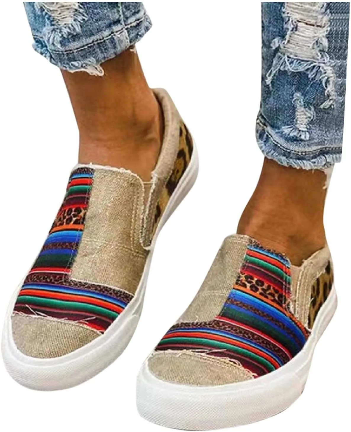 Womens Canvas Shoes Fashion Lightweight Snakeskin Stitching Flat Sneakers Summer Casual Slip Ons Low Cut Walking Shoes Breathable Color Block Platform Flats Loafers
