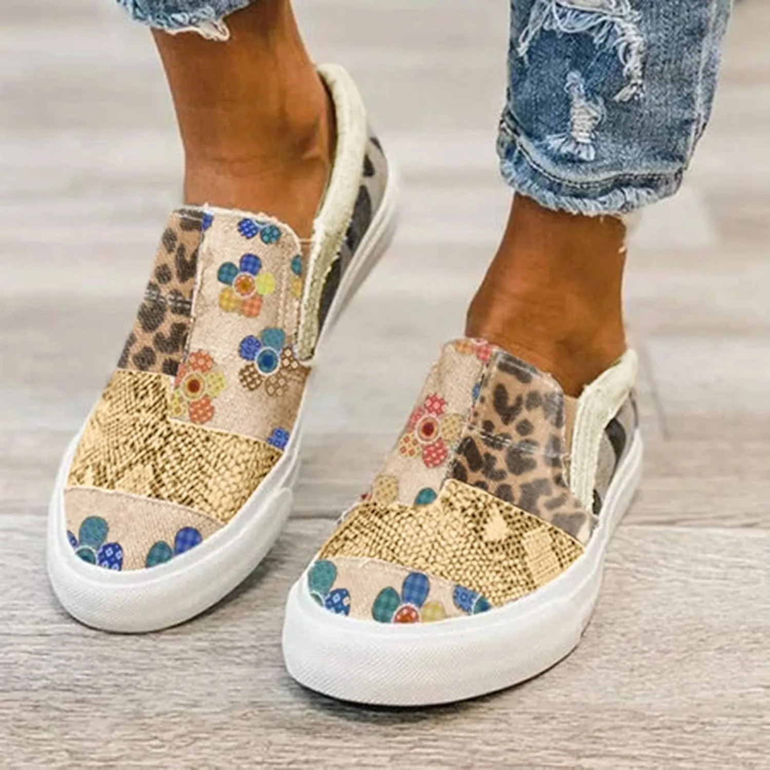 Womens Canvas Shoes Fashion Lightweight Snakeskin Stitching Flat Sneakers Summer Casual Slip Ons Low Cut Walking Shoes Breathable Color Block Platform Flats Loafers