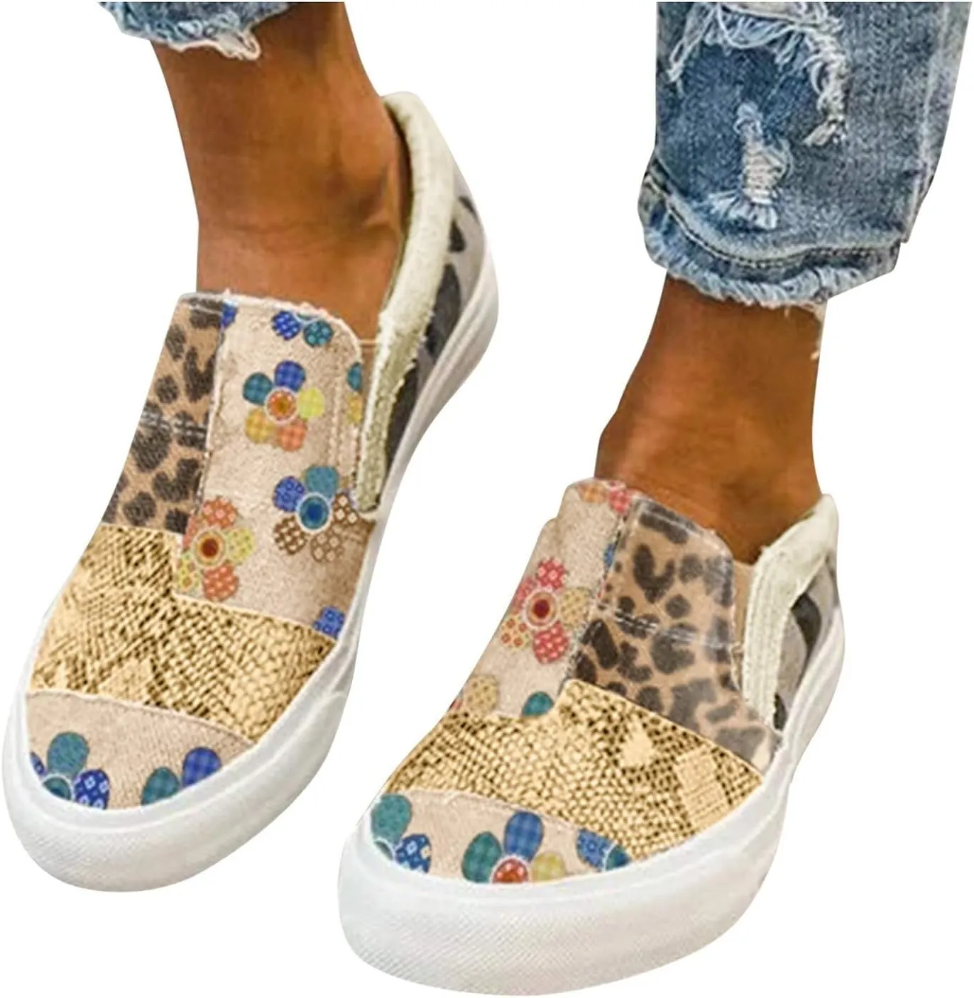 Womens Canvas Shoes Fashion Lightweight Snakeskin Stitching Flat Sneakers Summer Casual Slip Ons Low Cut Walking Shoes Breathable Color Block Platform Flats Loafers