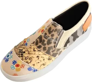 Womens Canvas Shoes Fashion Lightweight Snakeskin Stitching Flat Sneakers Summer Casual Slip Ons Low Cut Walking Shoes Breathable Color Block Platform Flats Loafers