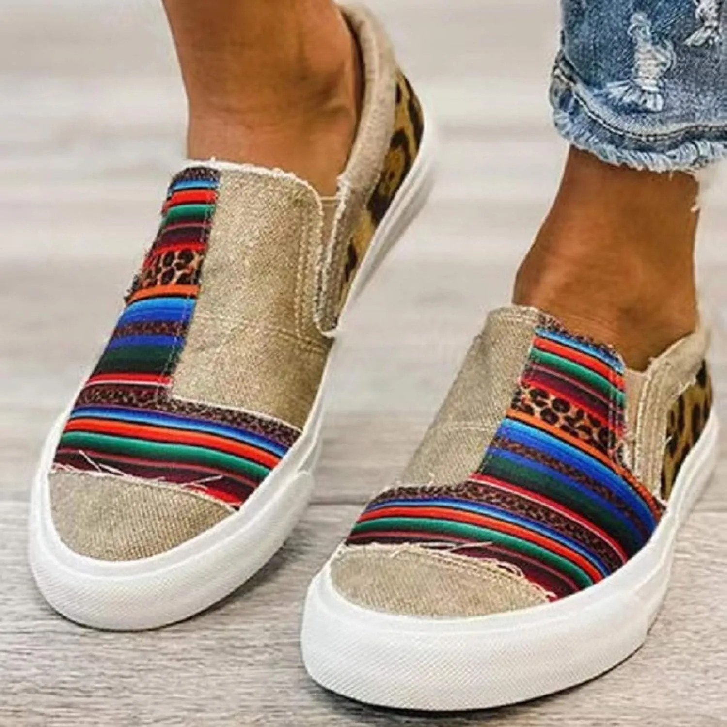 Womens Canvas Shoes Fashion Lightweight Snakeskin Stitching Flat Sneakers Summer Casual Slip Ons Low Cut Walking Shoes Breathable Color Block Platform Flats Loafers