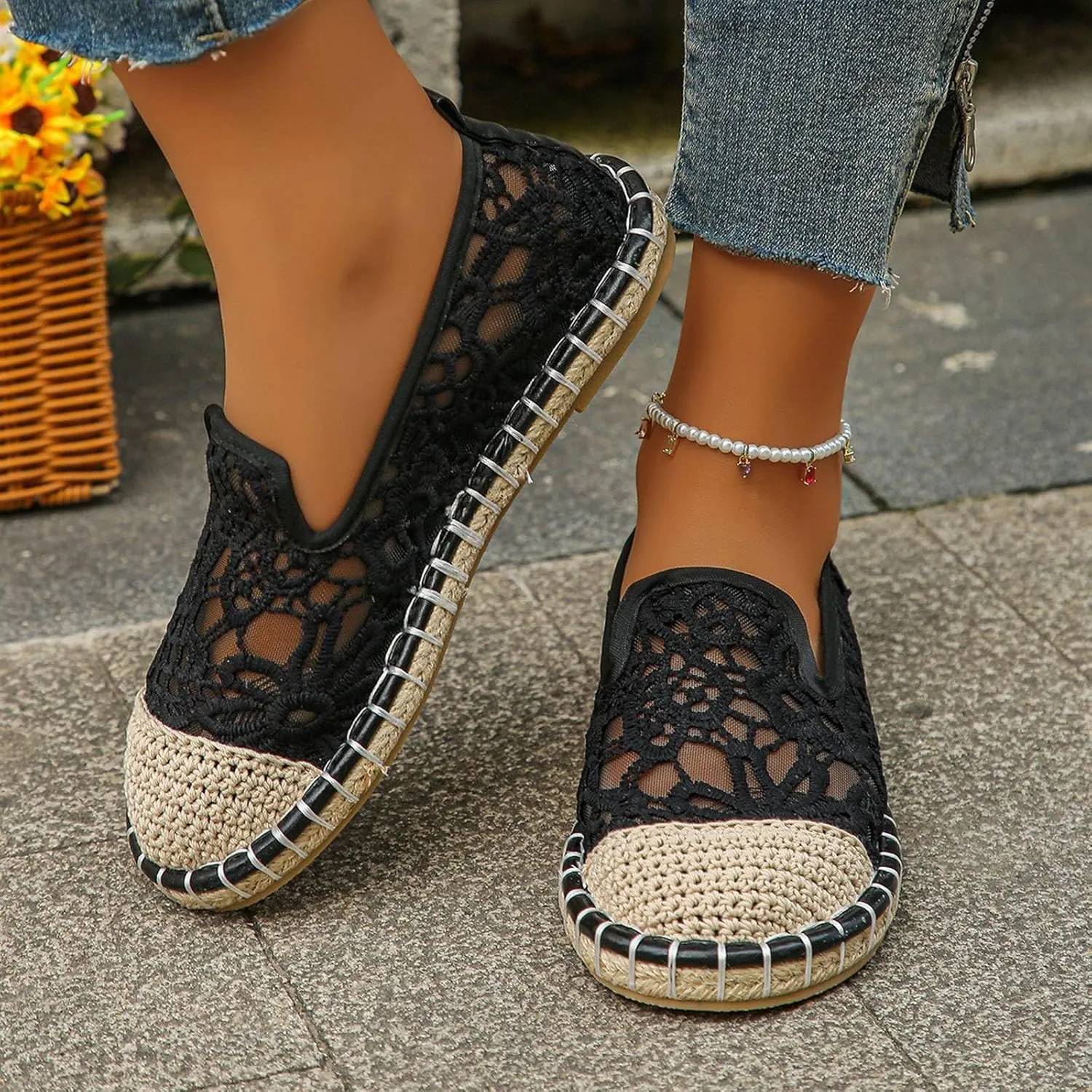 Women's Casual Lace Low Heel Slip On Comfortable Shoes for Daily Wear Beach Walking Dating Outfits Spring Summer