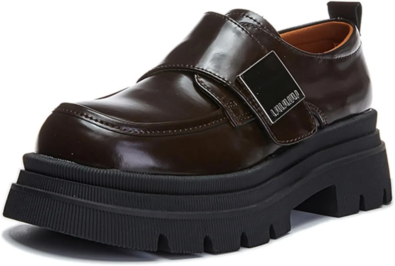 Women's Chunky Heel Slip On Loafers - Classic Retro Platform Business Fashion Single Shoes with Round Toe - Versatile Commuter Women's Shoes,Brown-34