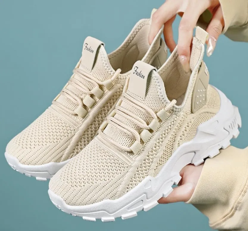 Women's Chunky Knit Sneakers – Breathable Mesh Upper, Comfortable Lace-Up Design, PVC Sole for All-Day Support, White Casual Running Shoes
