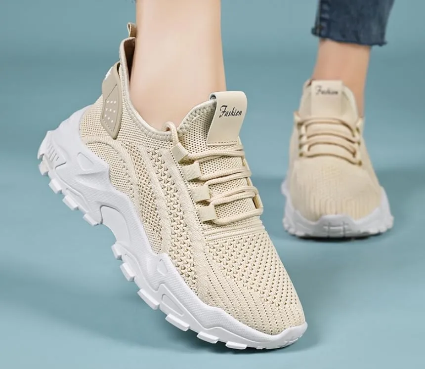 Women's Chunky Knit Sneakers – Breathable Mesh Upper, Comfortable Lace-Up Design, PVC Sole for All-Day Support, White Casual Running Shoes