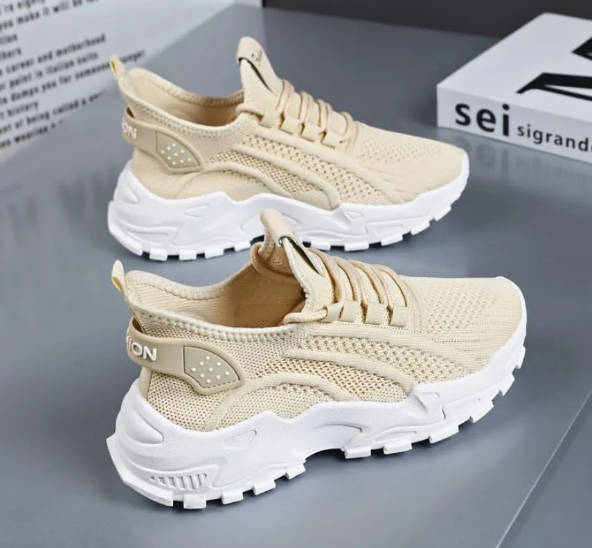 Women's Chunky Knit Sneakers – Breathable Mesh Upper, Comfortable Lace-Up Design, PVC Sole for All-Day Support, White Casual Running Shoes