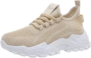 Women's Chunky Knit Sneakers – Breathable Mesh Upper, Comfortable Lace-Up Design, PVC Sole for All-Day Support, White Casual Running Shoes