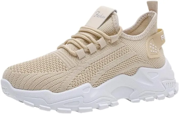 Women's Chunky Knit Sneakers – Breathable Mesh Upper, Comfortable Lace-Up Design, PVC Sole for All-Day Support, White Casual Running Shoes