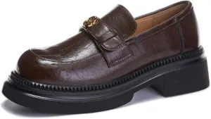 Women's Classic Business Loafers, Chunky Heel Slip On with Round Toe, Fashion Platform Single Shoes for Commuter Retro Look,Brown-34