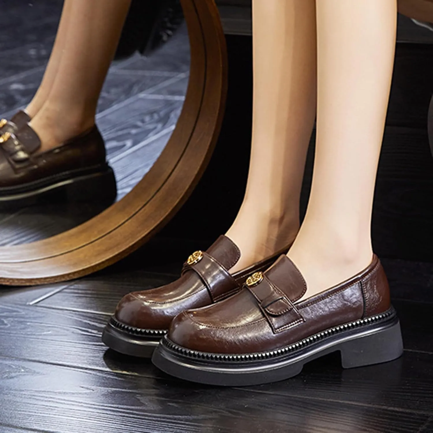 Women's Classic Business Loafers, Chunky Heel Slip On with Round Toe, Fashion Platform Single Shoes for Commuter Retro Look,Brown-34