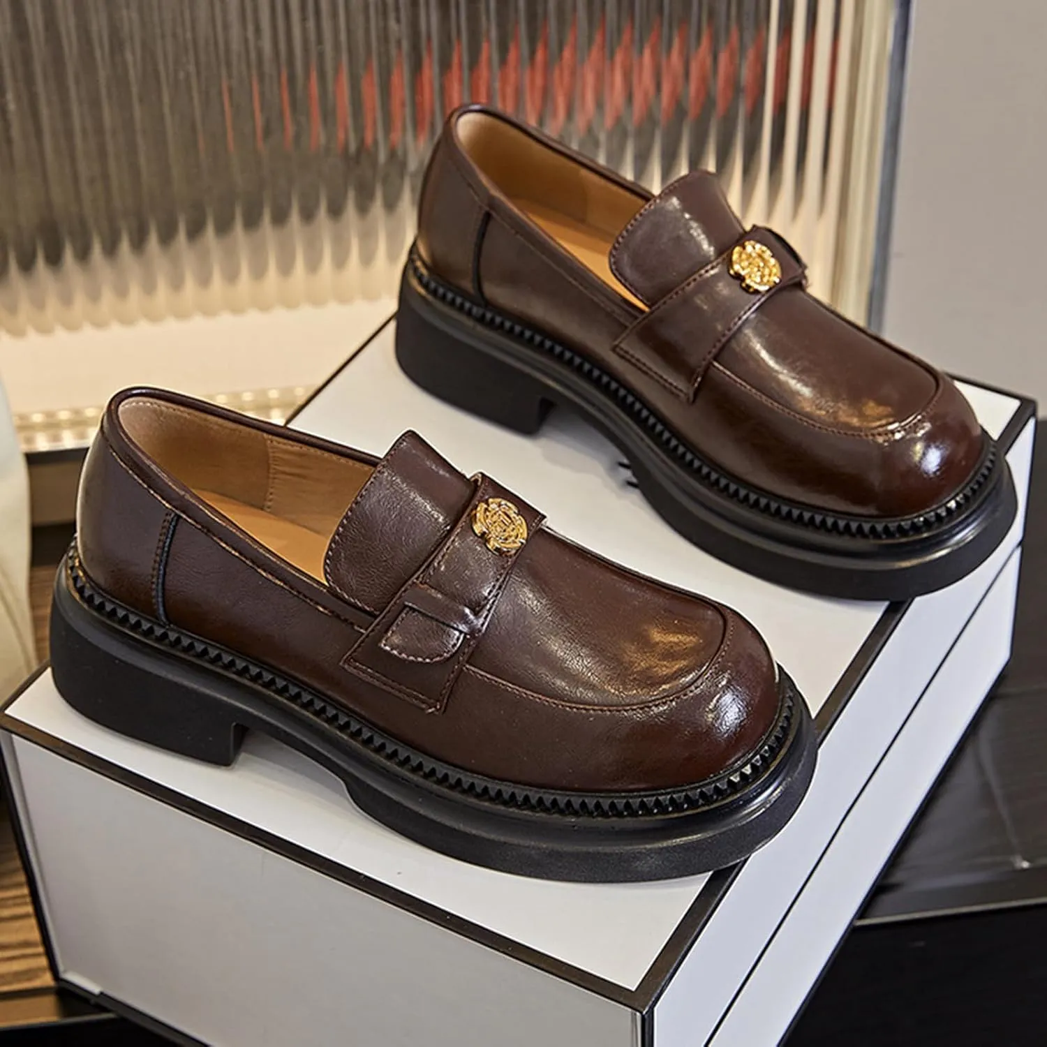 Women's Classic Business Loafers, Chunky Heel Slip On with Round Toe, Fashion Platform Single Shoes for Commuter Retro Look,Brown-34