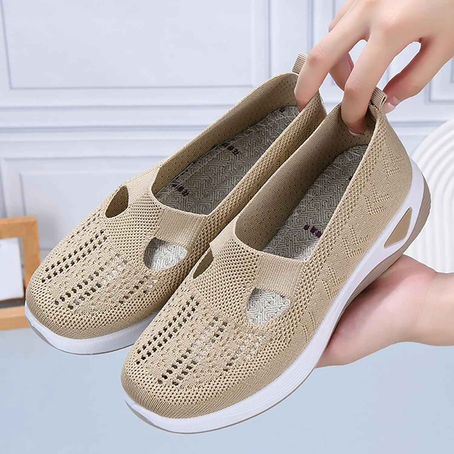 Women's Fashion Sneakers Woven Orthopedic Breathable Soft Shoes Go Walking Slip On Foam Shoes Sneakers with Arch Support Breathable Lightweight Walking Shoe