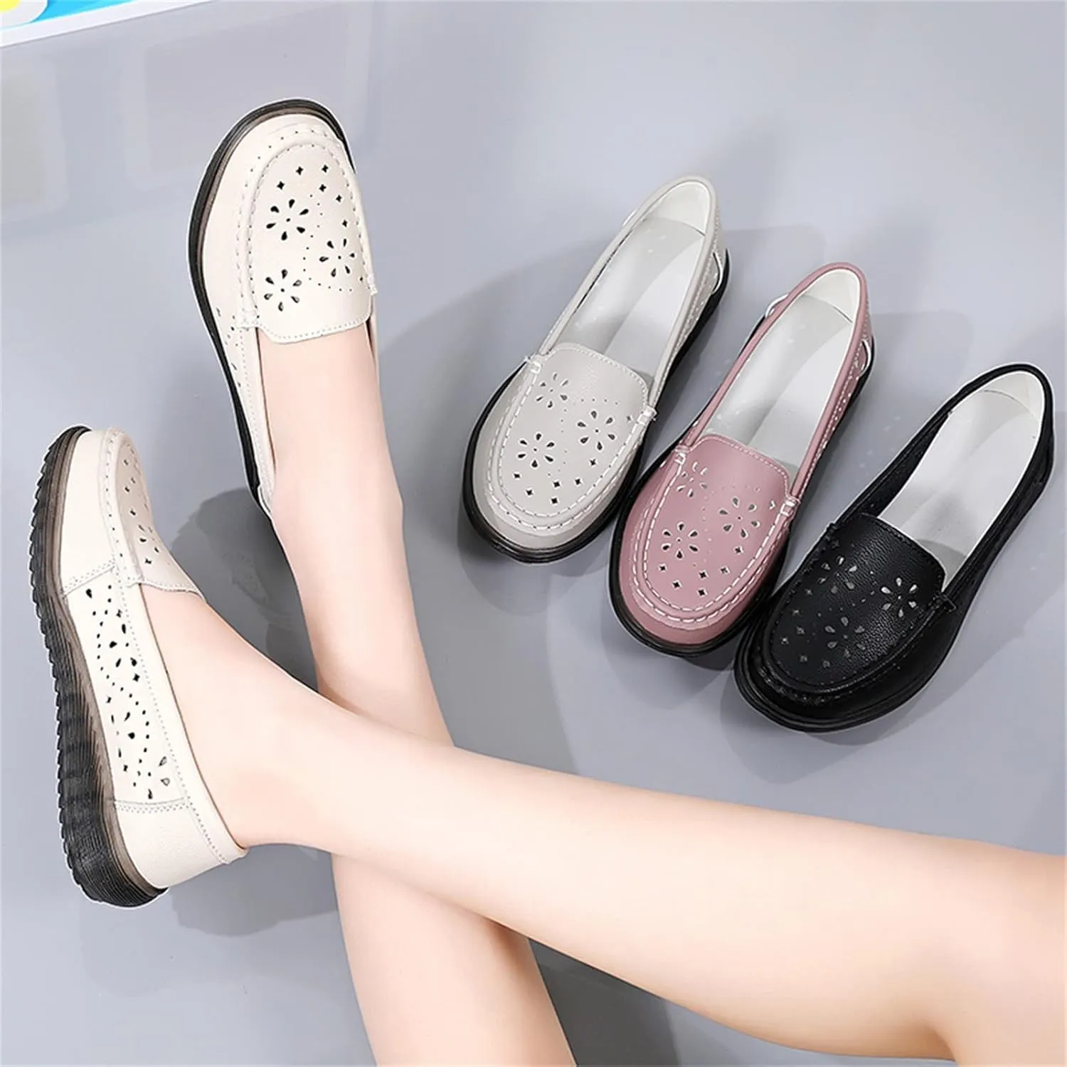 Women's Flat Loafer Slip On Leather Loafer Soft Cushioned Walking Driving Shoes Breathable Hollow Out Shoes