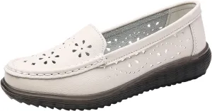 Women's Flat Loafer Slip On Leather Loafer Soft Cushioned Walking Driving Shoes Breathable Hollow Out Shoes