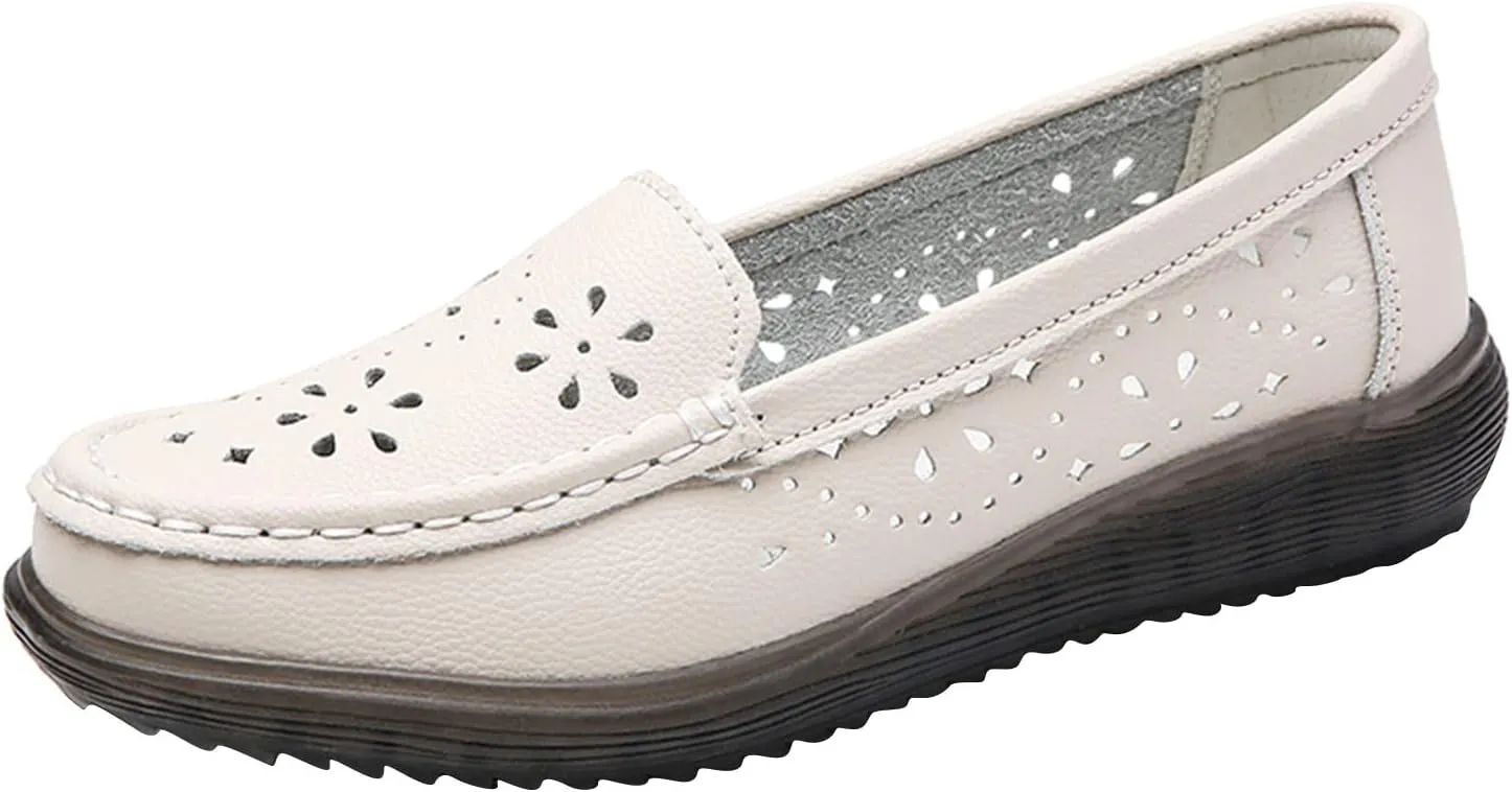 Women's Flat Loafer Slip On Leather Loafer Soft Cushioned Walking Driving Shoes Breathable Hollow Out Shoes