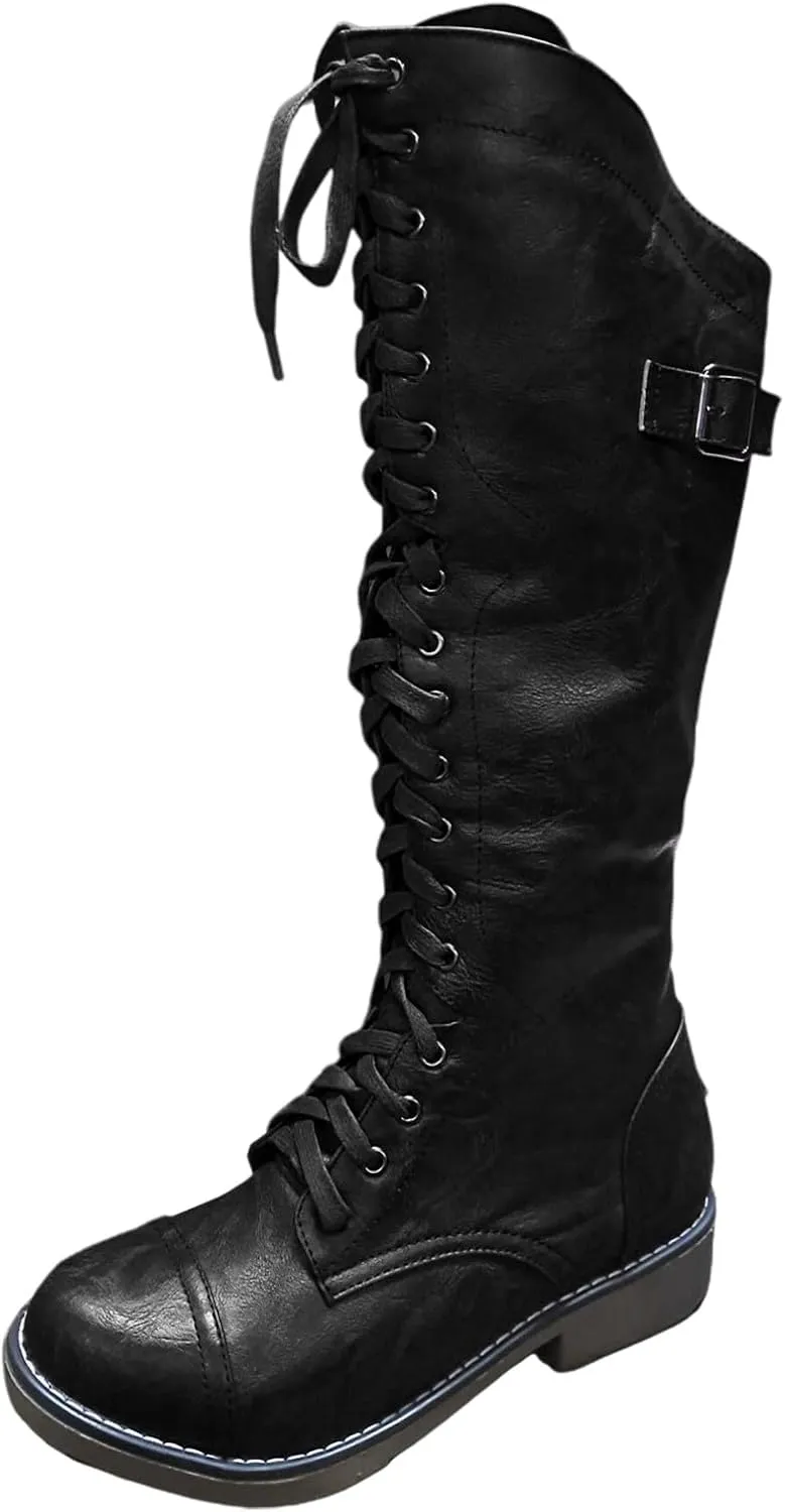 Womens Knee High Chunky Heel Boots Faux Suede Pointed Toe Side Zipper Boots Chelsea Chukka Cowboy Chunky Western Side Zipper