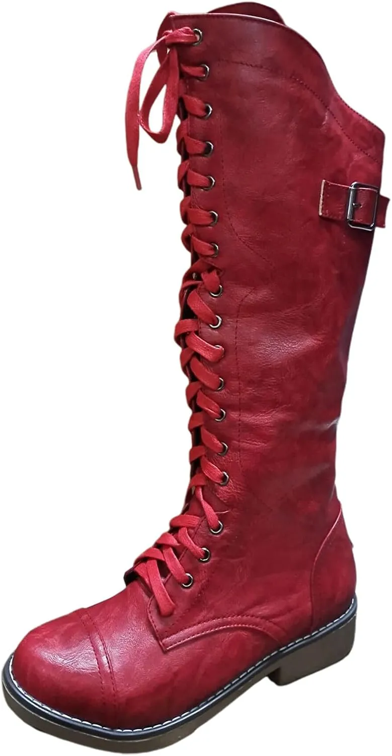 Womens Knee High Chunky Heel Boots Faux Suede Pointed Toe Side Zipper Boots Chelsea Chukka Cowboy Chunky Western Side Zipper