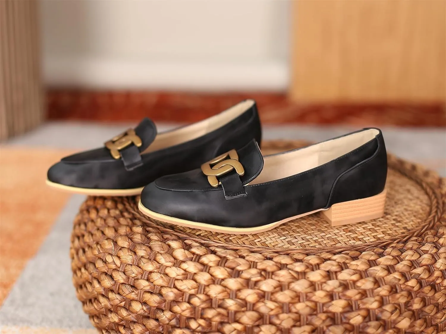 Women's Round Closed Toe Pump Loafers Pull-On Chunky Low Heel Metallic Classic Western Work Office Dress Casual Shoes Comfort Business Party Dating Shopping Daily Wear Pumps