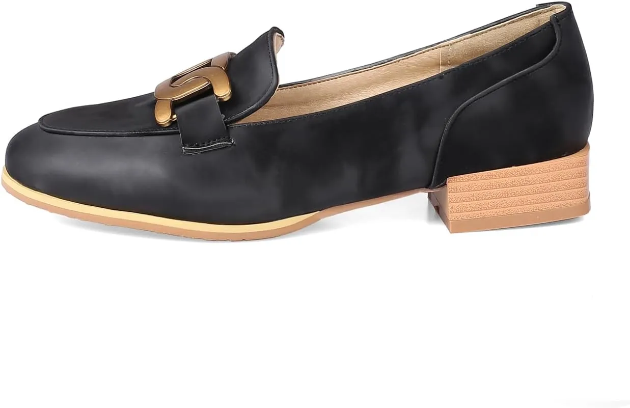 Women's Round Closed Toe Pump Loafers Pull-On Chunky Low Heel Metallic Classic Western Work Office Dress Casual Shoes Comfort Business Party Dating Shopping Daily Wear Pumps