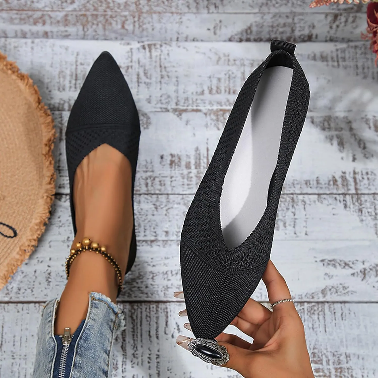 Women's Temperament Pointed Toe Loafers Soft Flat Soled Non Slip Flats Pointed Toe Breathable Driving Shoes