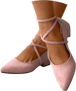 Women's Wedding Flats Shoes 1 Inch Low Heel Pointed Toe Pumps with Ankle Strap Closed Toe Dress Suede Shoes for Women