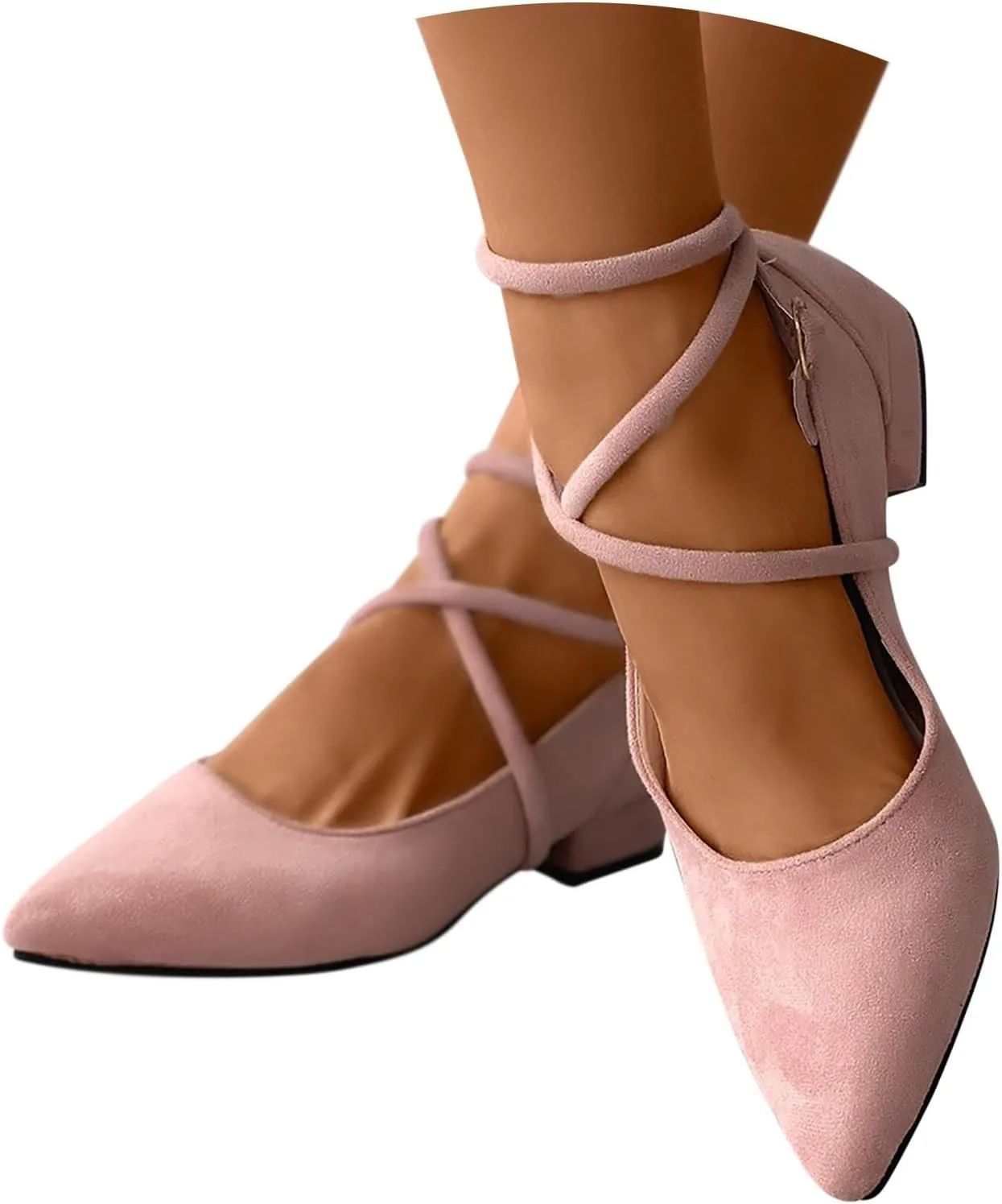 Women's Wedding Flats Shoes 1 Inch Low Heel Pointed Toe Pumps with Ankle Strap Closed Toe Dress Suede Shoes for Women