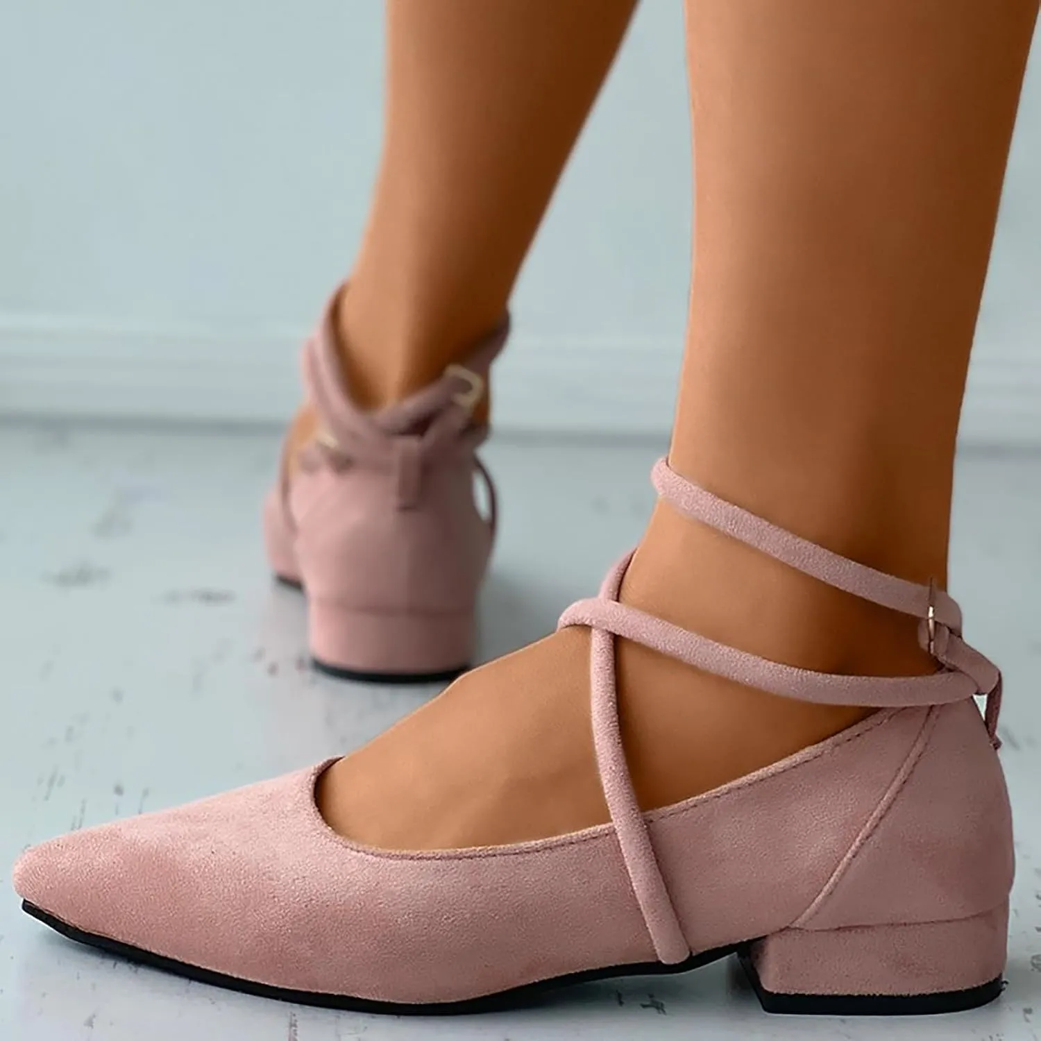 Women's Wedding Flats Shoes 1 Inch Low Heel Pointed Toe Pumps with Ankle Strap Closed Toe Dress Suede Shoes for Women