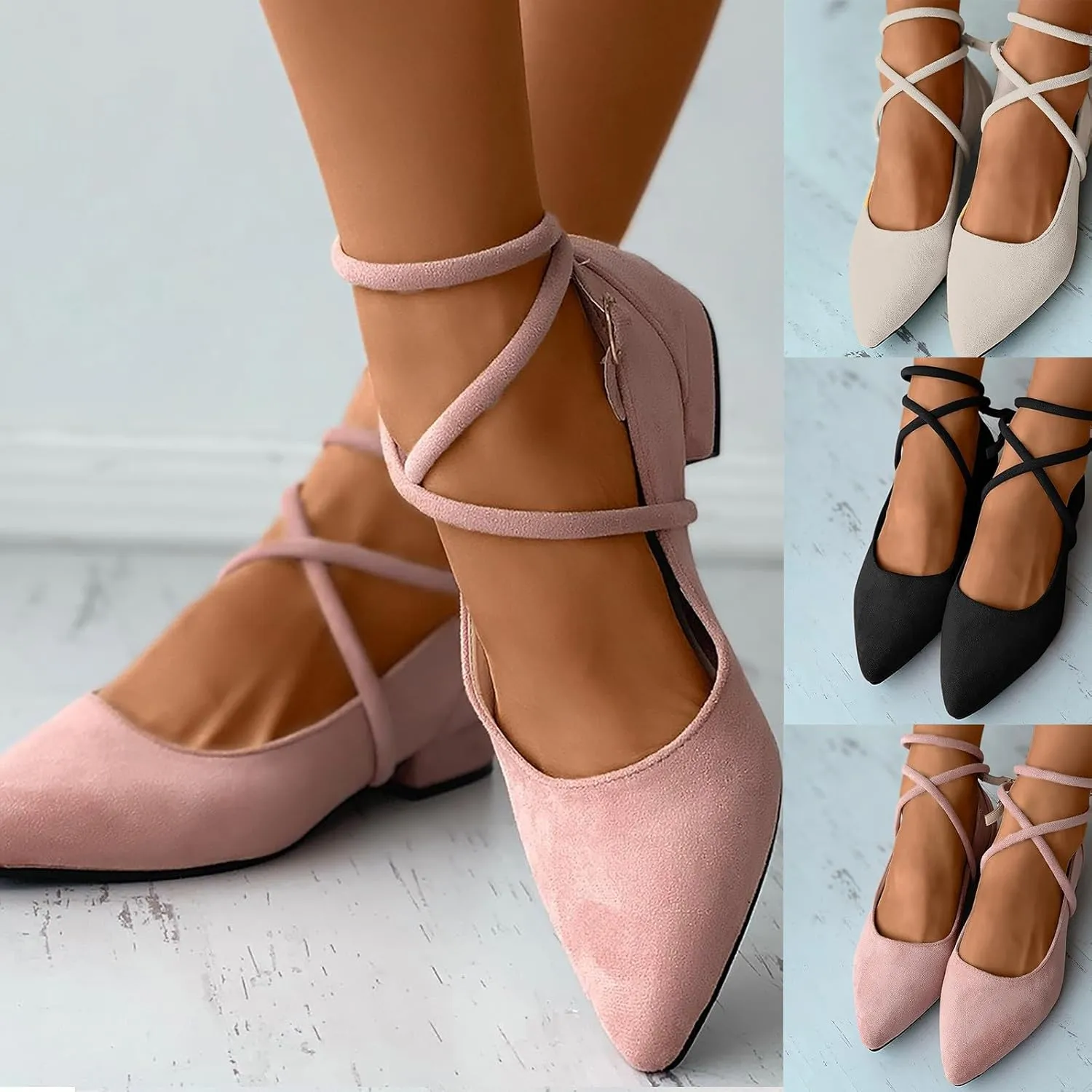 Women's Wedding Flats Shoes 1 Inch Low Heel Pointed Toe Pumps with Ankle Strap Closed Toe Dress Suede Shoes for Women