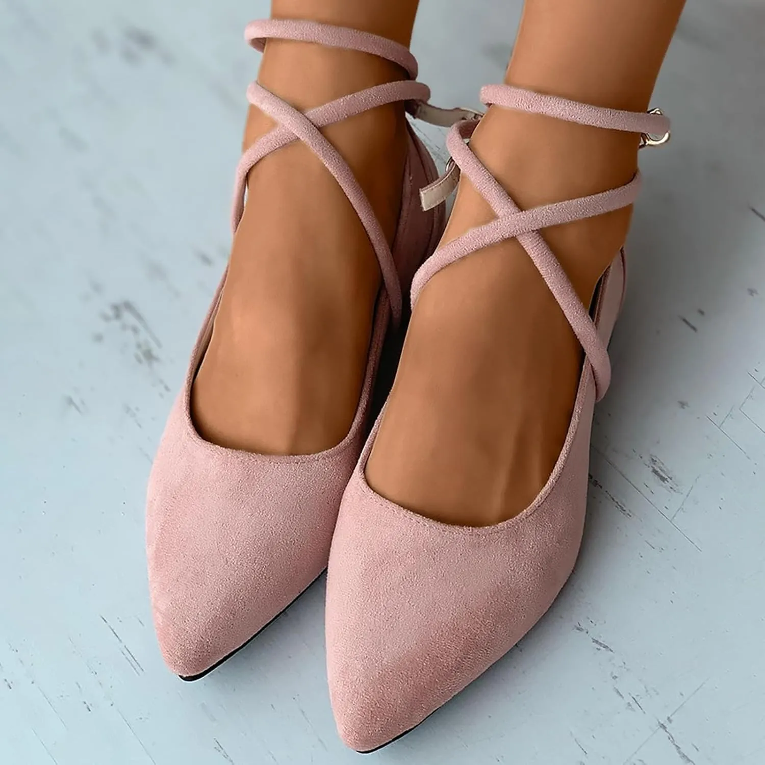 Women's Wedding Flats Shoes 1 Inch Low Heel Pointed Toe Pumps with Ankle Strap Closed Toe Dress Suede Shoes for Women