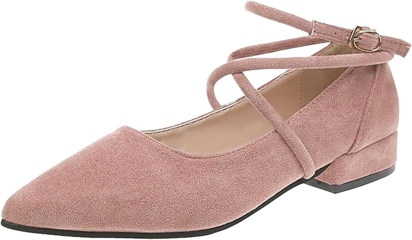 Women's Wedding Flats Shoes 1 Inch Low Heel Pointed Toe Pumps with Ankle Strap Closed Toe Dress Suede Shoes for Women