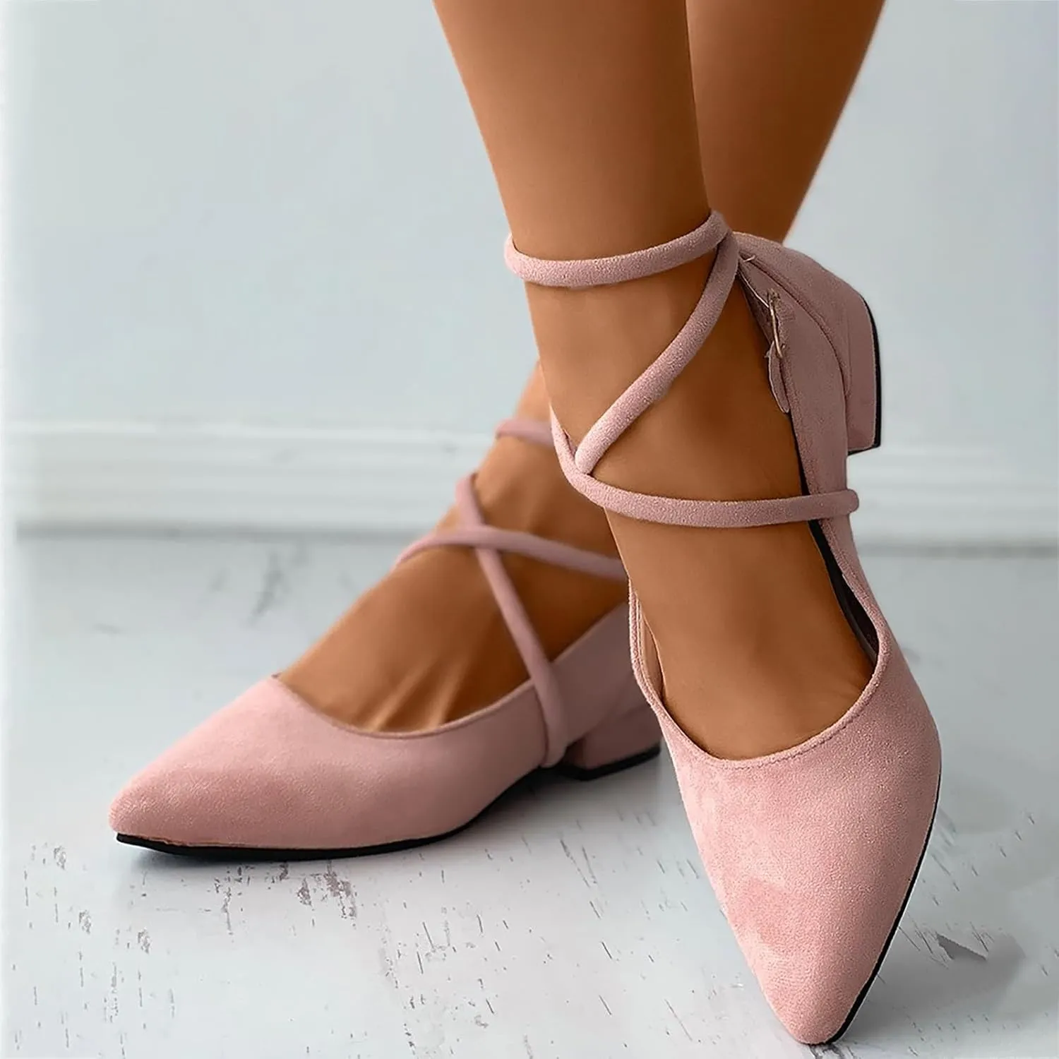 Women's Wedding Flats Shoes 1 Inch Low Heel Pointed Toe Pumps with Ankle Strap Closed Toe Dress Suede Shoes for Women